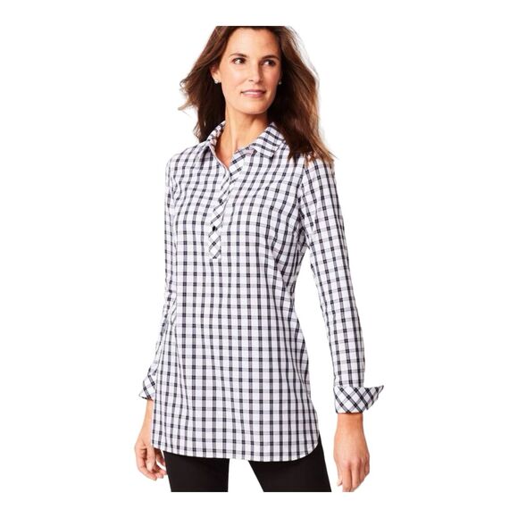 Talbots Tops - Talbots Women's Blouse Plus Size 16W Plaid Black Pullover 1/4 Button Long Sleeve